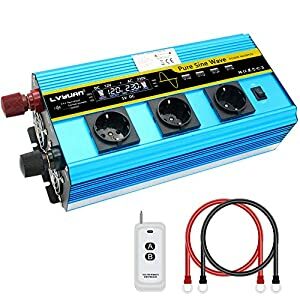 Cantonape Inversor de Corriente 12v 230v Onda Pura 2500w/5000w Pantalla LCD inversor Onda Pura Transformador con Mando a Distancia y 4 Puertos USB 3 Tomas
